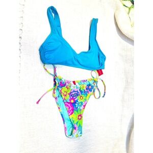 Ribbed Bralette & Ribbed multi Colored Flower Side Tie Bikini Bottom - Swimwear